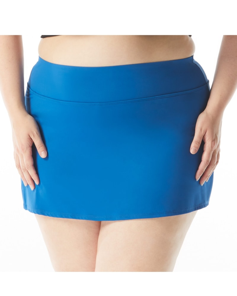 Front of a model wearing a size 16W Emma Swim Skirt in BLUE BLISS by Beach House Woman. | dia_product_style_image_id:282032